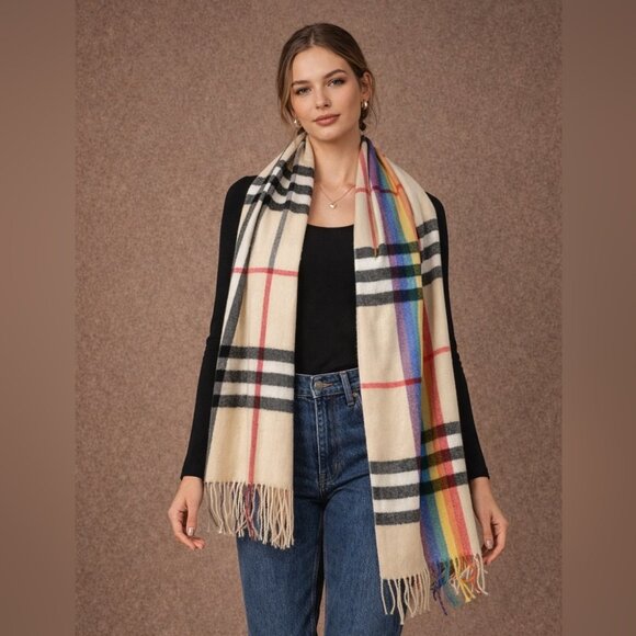 Pashmina 100% Cashmere Cream Plaid Rainbow Scarf One Size Fall Winter Cozy Chic